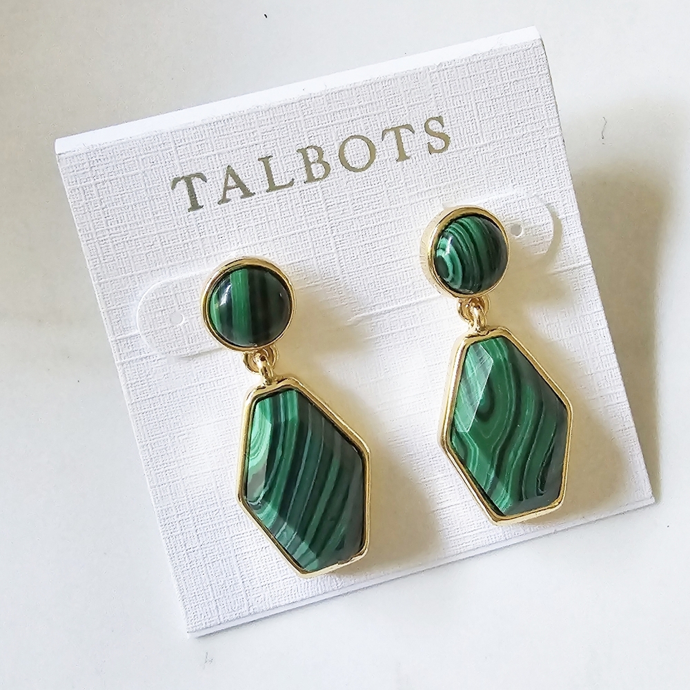 Talbots Malachite Gold Tone Dangle Post Back Earrings NWT